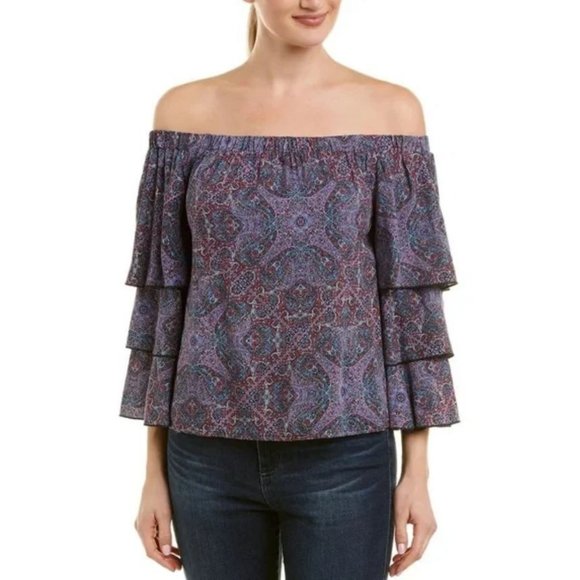 Ella Moss S Patterned Off The Shoulder Rayon Blouse Tiered Ruffle Bell Sleeves - Picture 2 of 12